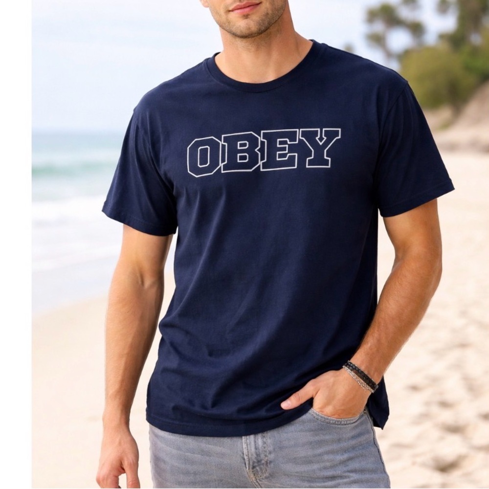 Men's OBEY Hard Times strong minds black graphic T-shirt SZ M in EUC